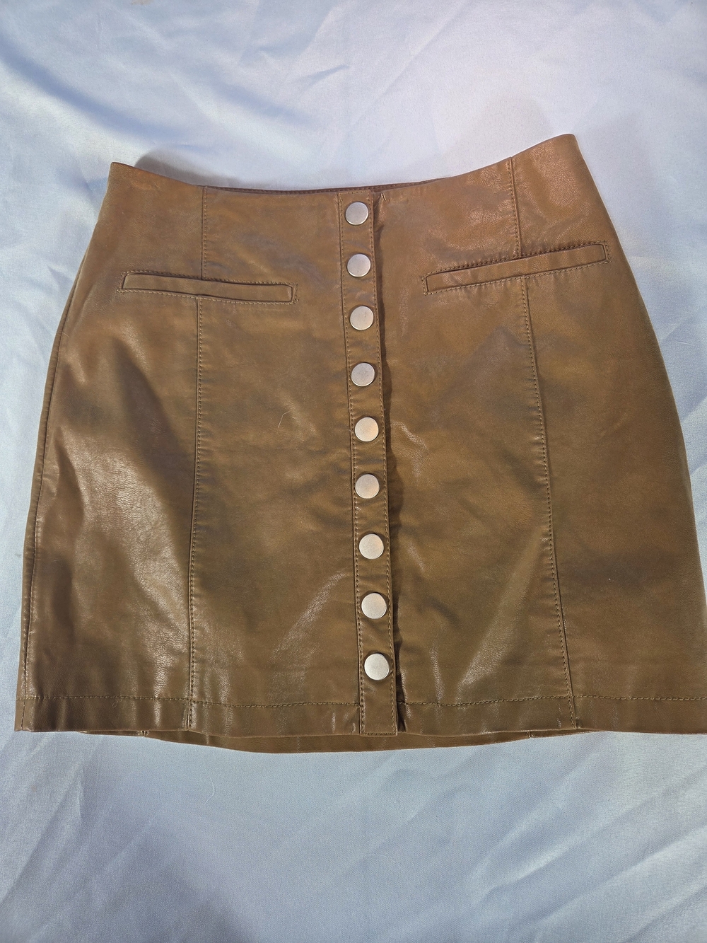 Free People Brown Faux Leather Snap Front Mini Skirt Size 4